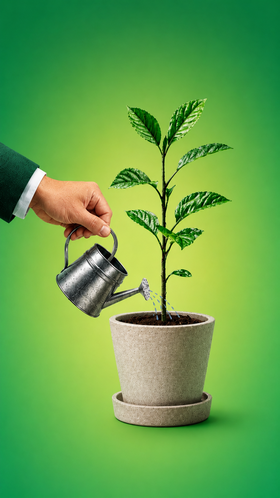 A person watering a small green plant in a white pot against a green background.