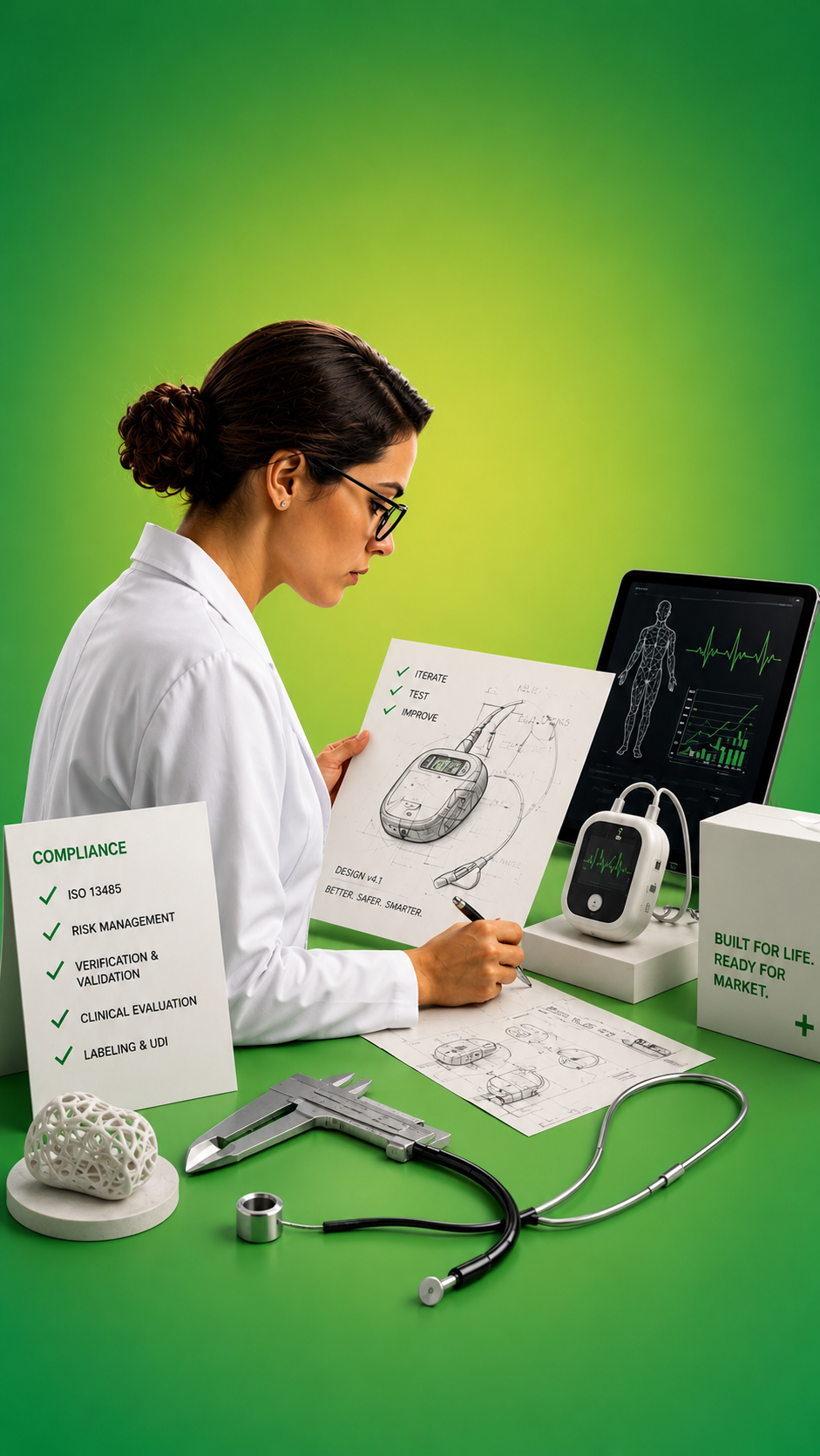 A woman in a white lab coat reviewing a sketch of a medical device with charts, medical equipment, and compliance information displayed on a green background.