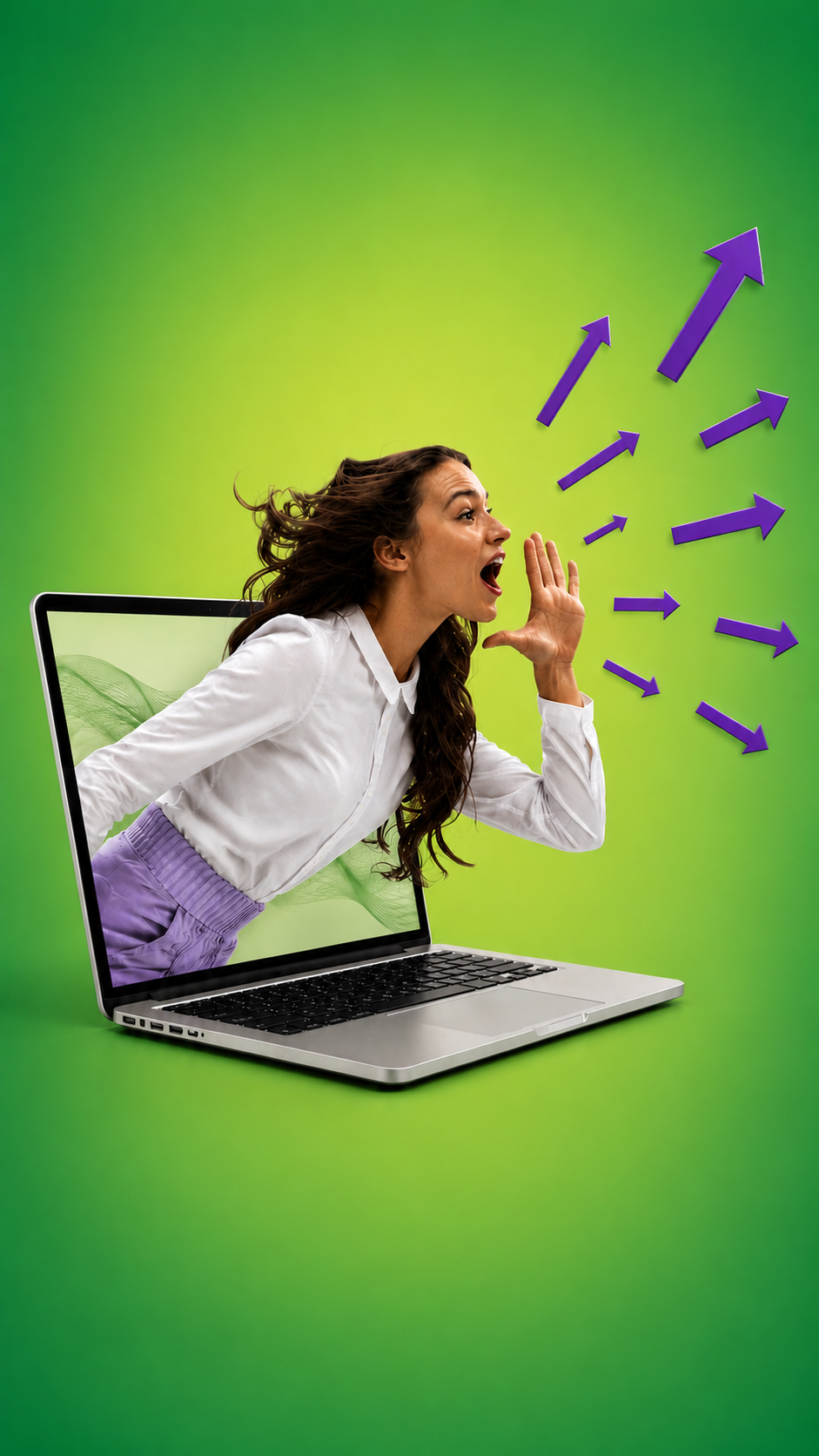 A woman appears to be emerging from a laptop screen, shouting, with purple arrows pointing outward from her mouth against a green background.