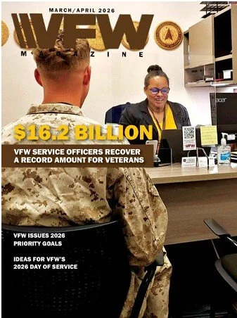 A military service member in camouflage uniform speaking to a woman at a service desk in an office. The magazine cover features headlines about VFW service officers recovering record funds for veterans, totaling $16.2 billion, and discussing VFW issues and goals for 2026.