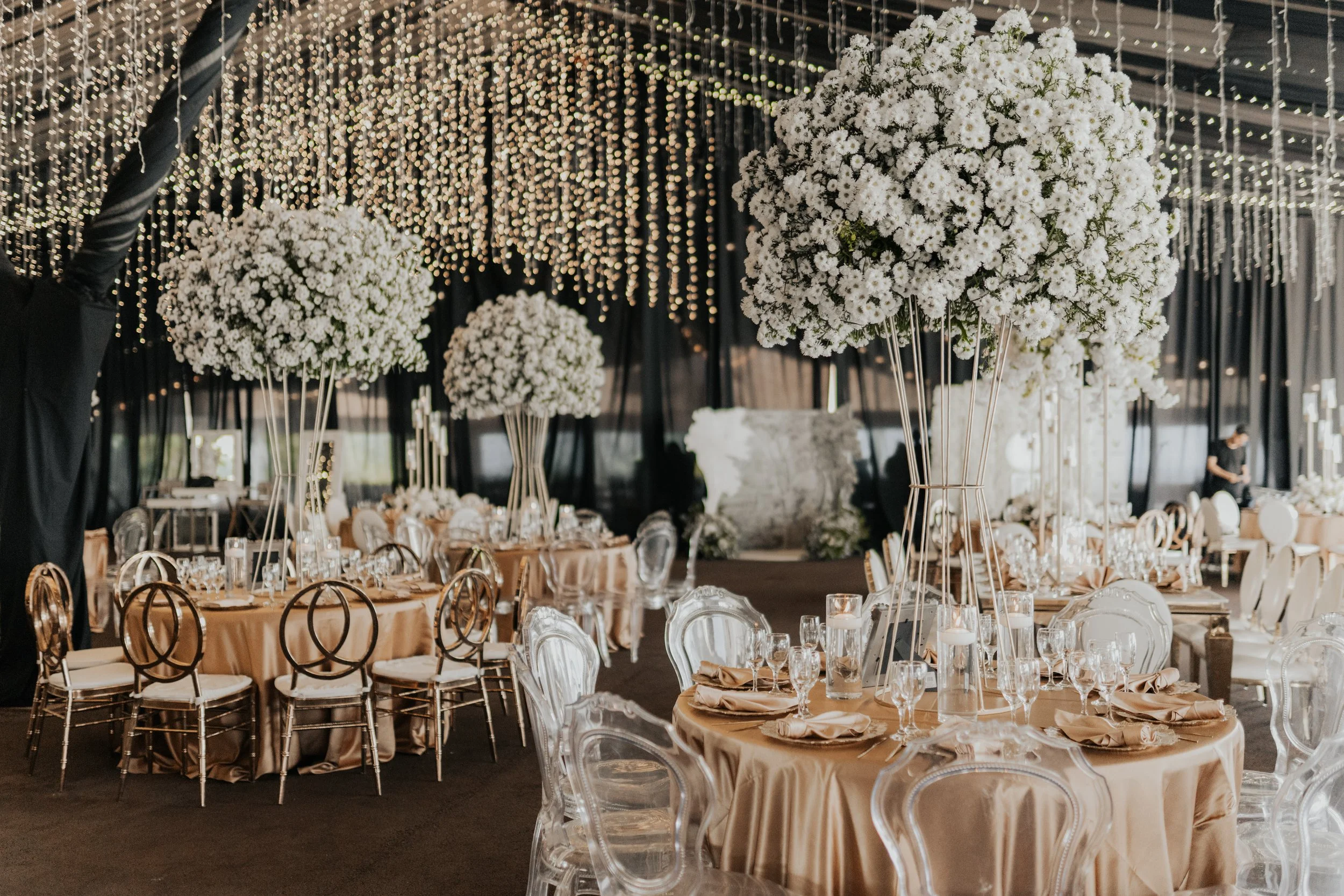Decoración elegante de bodas con centros de mesa de grandes arreglos de flores blancas y sillas transparentes en un salón decorado con luces suspendidas.