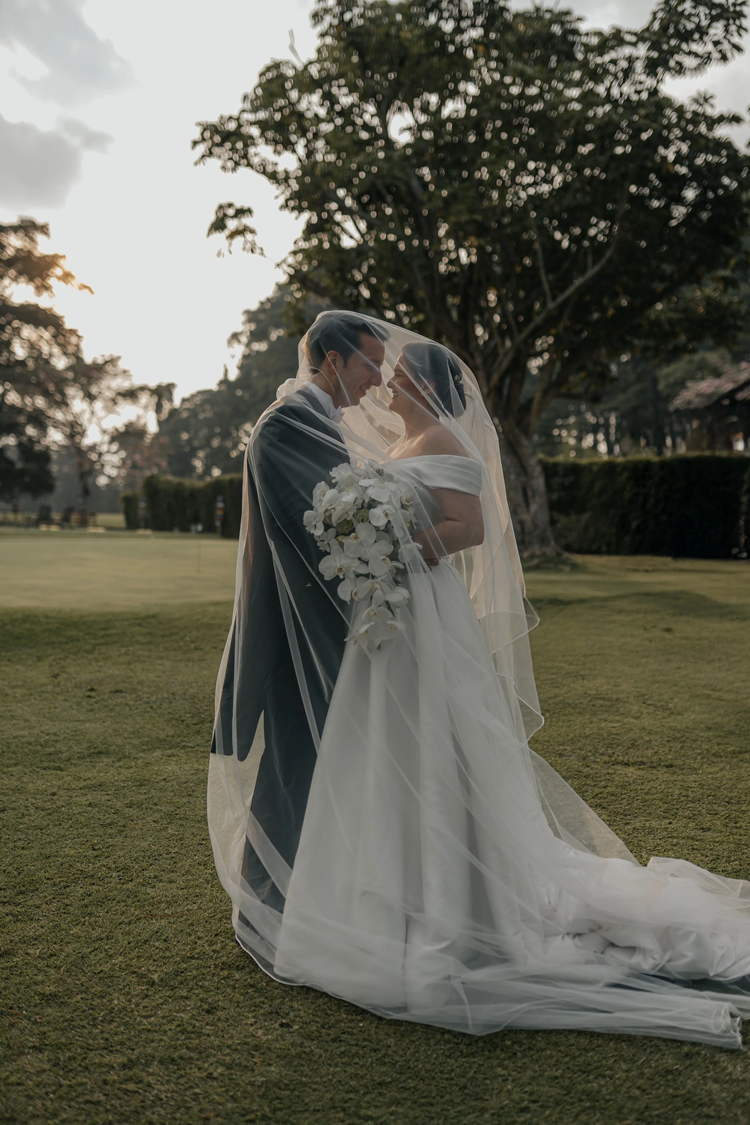 Una pareja de novios en su boda, bajo una telaraña, en un campo con árboles, al atardecer