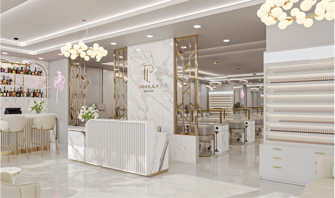 Elegant nail bar with white marble decor, gold accents, bar area with bottles, seating with white chairs, floral arrangements, neon palm tree sign, and modern lighting fixtures.