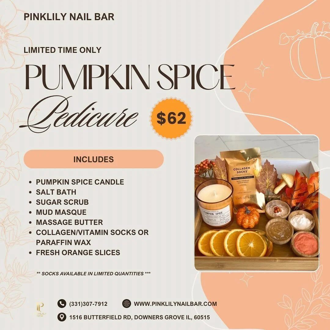 Sugar, spice, and everything nice! Pumpkin spice is here at PinkLily Nail Bar 🧡🎃

Come indulge in our warm and relaxing Pumpkin Spice Pedicure- available for a limited time only! ✨

Includes:
🎃 Pumpkin spice candle
🎃 Sea salt bath
🎃 Nail care
🎃