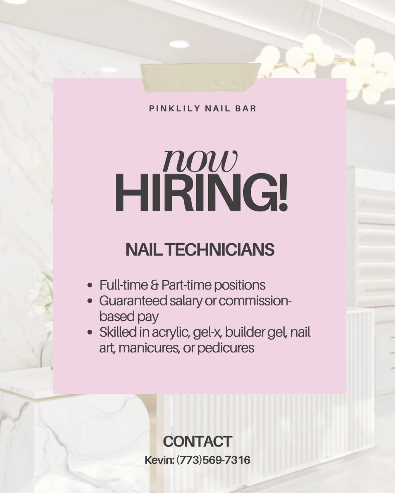 Interested in joining our team? You&rsquo;re in luck - we&rsquo;re hiring! 💅🏻

We&rsquo;re looking for talented and attentive nail artists that specialize in acrylic, gel-x, builder gel, nail art, &amp; more! If that&rsquo;s you, we&rsquo;d love to