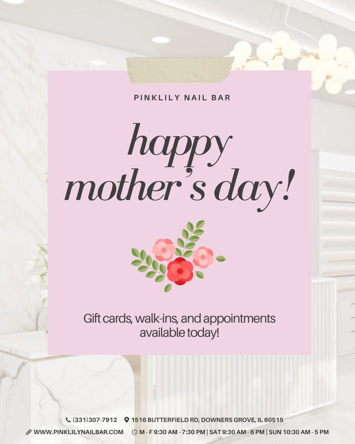 Happy Mother&rsquo;s Day from PinkLily Nail Bar! 💐

Come on in and get pampered with your loved ones! Walk-ins, appointments, and gift cards are available ❤️

PinkLily Nail Bar
📍 1516 Butterfield Rd Downers Grove, IL 60515
📞 (331)307-7912
@pinklil