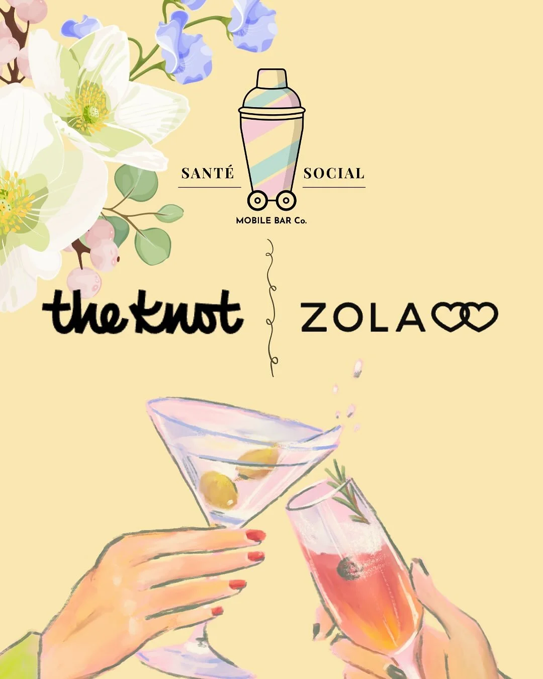 We’ve got big news… 🥂 
You can now find Sante Social on both The Knot and Zola! Two of the top wedding planning platforms now feature our mobile bar, making it simple for couples to include our signature cocktails in their celebrations