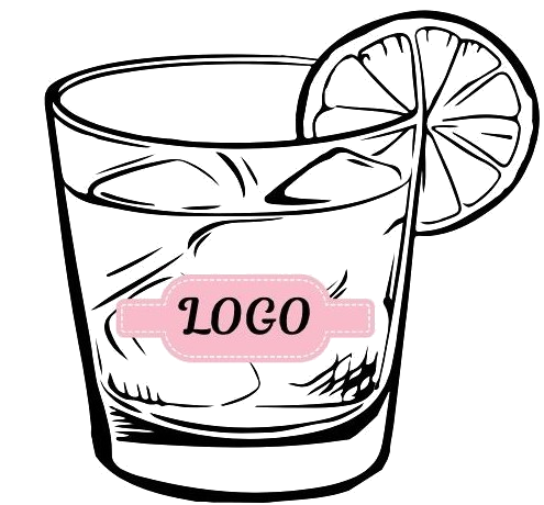 Illustration of a glass with ice cubes and a lemon slice, featuring a pink label with the word 'LOGO' in the center.