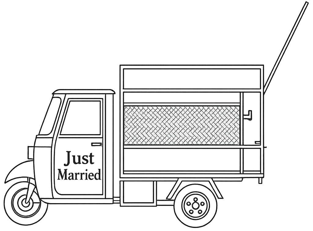 Line drawing of a small truck with the words "Just Married" on the door, decorated for a wedding celebration.