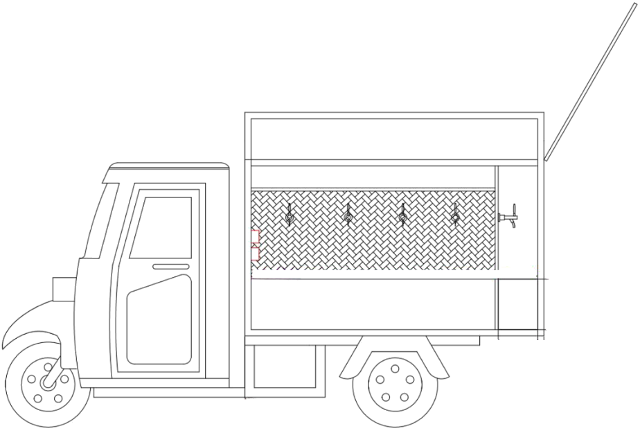 Technical drawing of a small utility truck with a cargo bed, door on the side, and an extendable antenna.