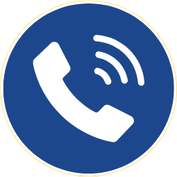 Icon of a white phone handset with signal waves on a blue circular background.