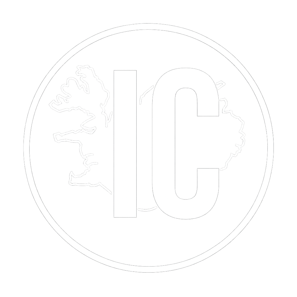Black circular logo with white outline, featuring large stylized letters 'IC' in the center and a white, lightning bolt-like design on the left side of the circle.