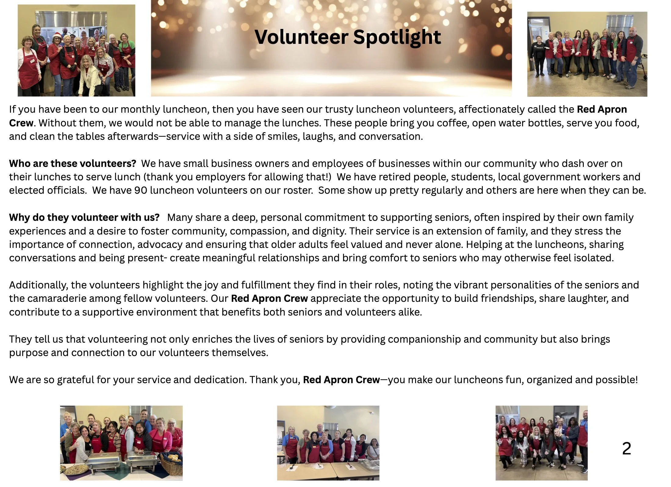 Photo collage of volunteers in red aprons at a community luncheon, with a group holding serving trays and others standing together, beneath a header titled 'Volunteer Spotlight'.
