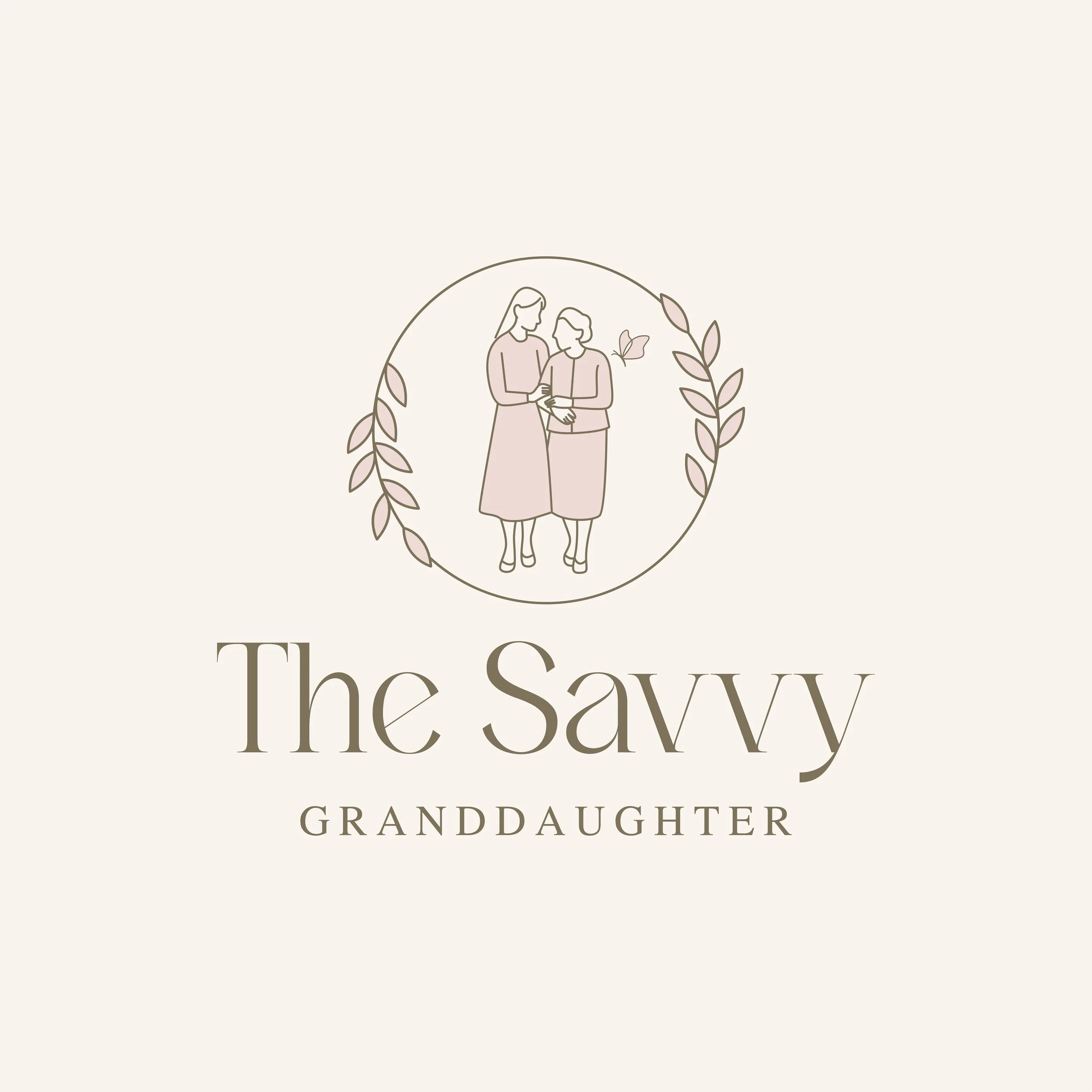 A minimalist illustration of an elderly woman and her granddaughter holding hands, surrounded by a circular wreath of leaves. The text reads 'The Savvy Granddaughter' on a light background.