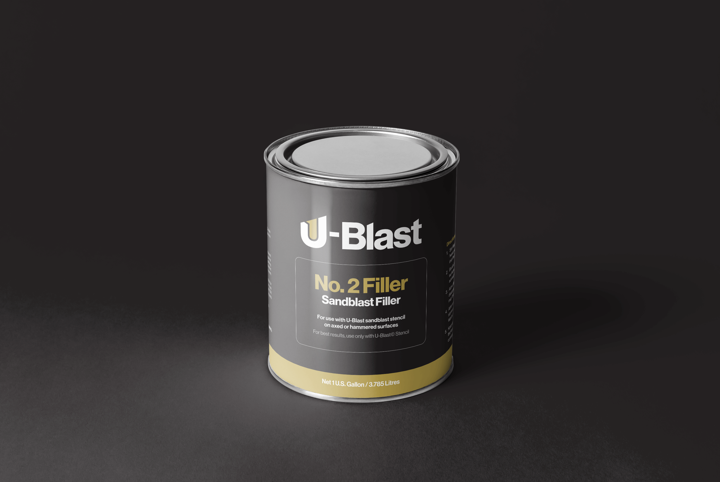 A can of U-Blast No. 2 Filler Sandblast Filler on a black background.