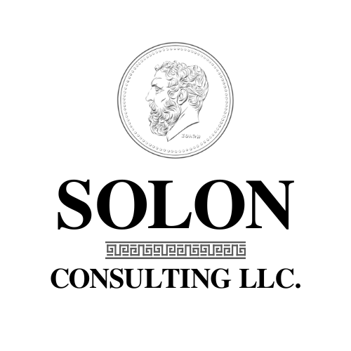 Logo of Solon Consulting LLC featuring an ancient coin with a profile portrait and the company's name in bold letters underneath.