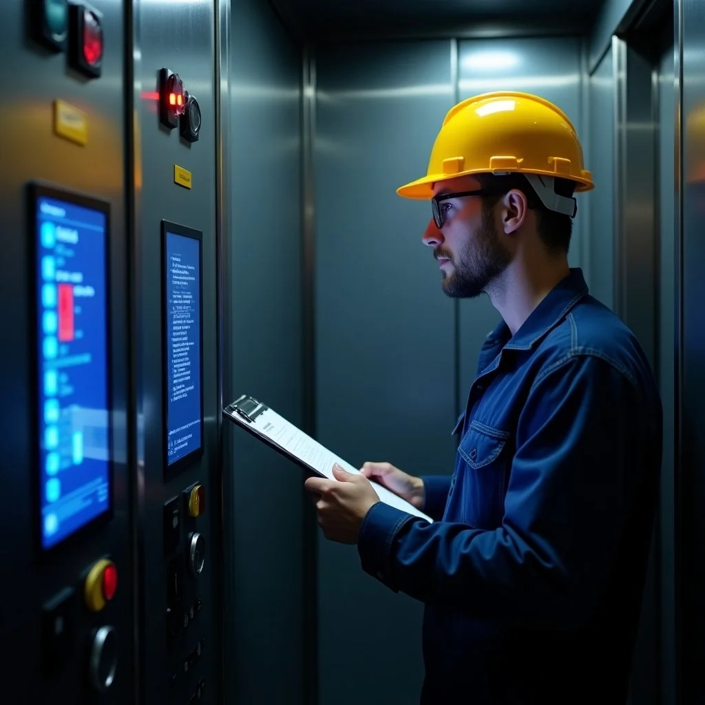 A man wearing a yellow hard hat and glasses inspecting controls and screens inside an elevator shaft or control room.