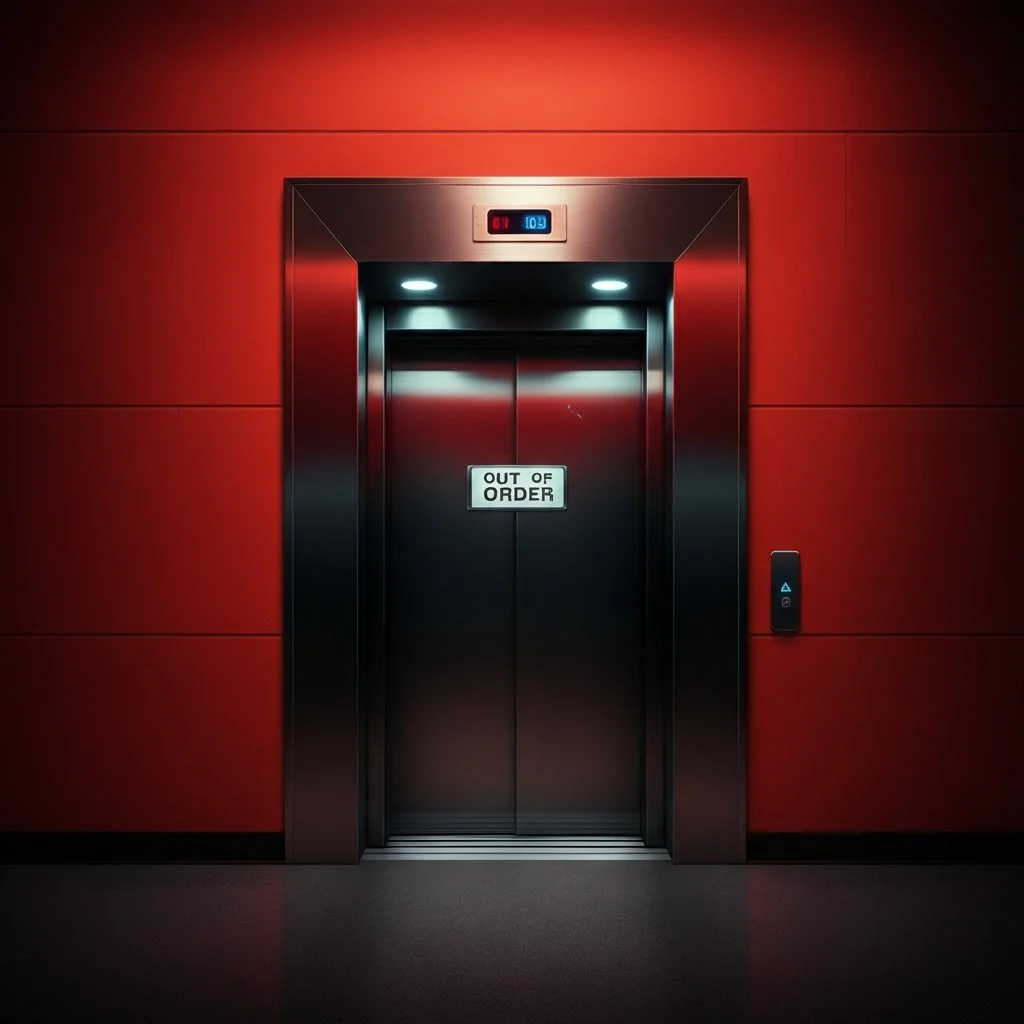 Elevator with a sign that reads 'Out of Order' on closed doors, set against a red wall with a digital display above showing status and floor number.