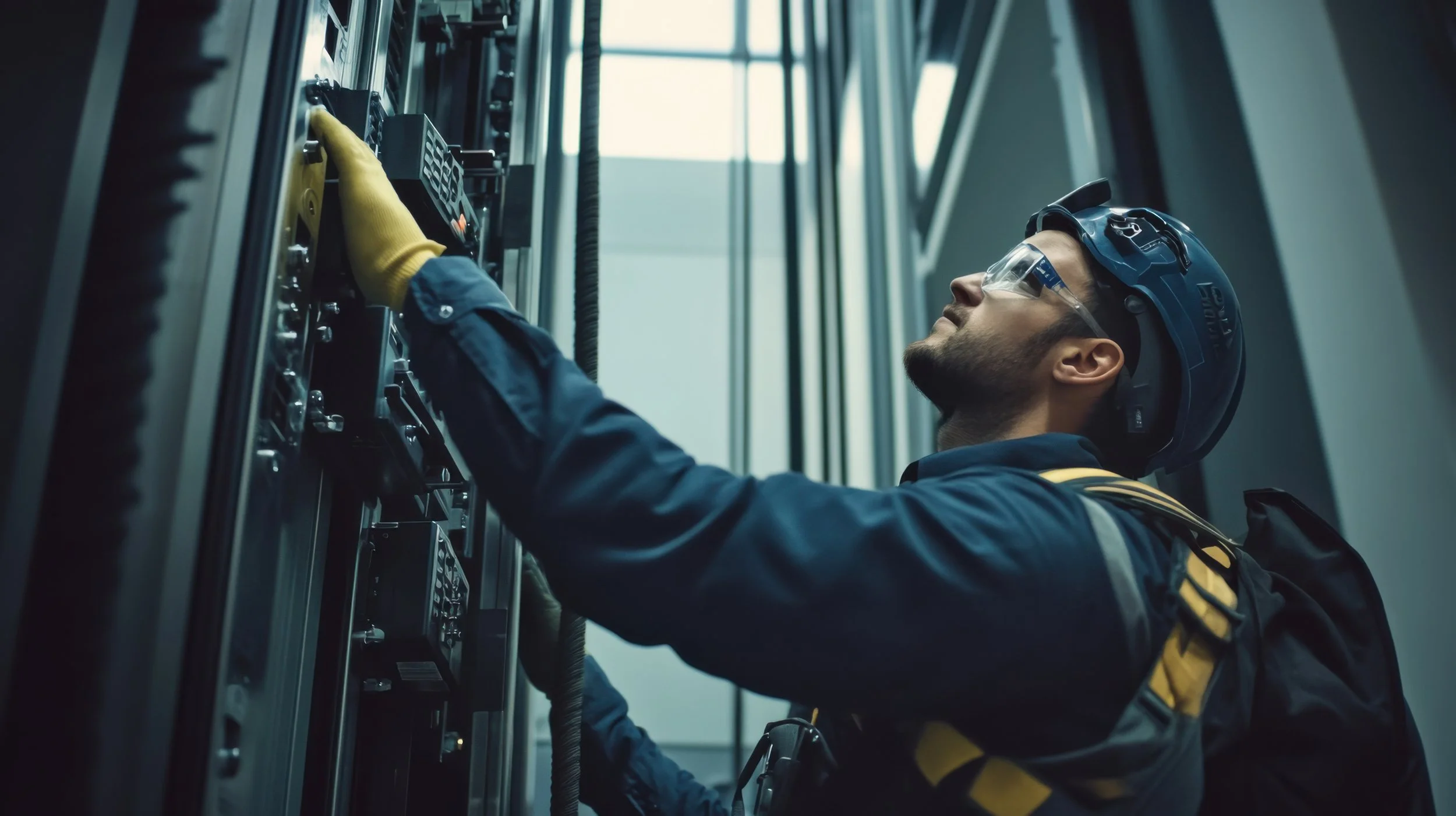 Technician wearing safety gear working on electrical panels or control system in an industrial setting