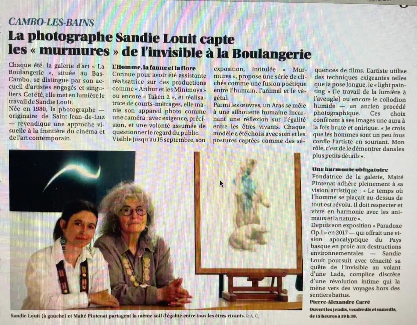 Article journal Sud Ouest Exposition “Murmures” Galerie La Boulangerie #photograhiecontemporaine#photographer#photography #art #expositionart #expositionpaysbasque #paysbasqueartiste #paysbasqueart #exibition #animalartwork #animalphotog