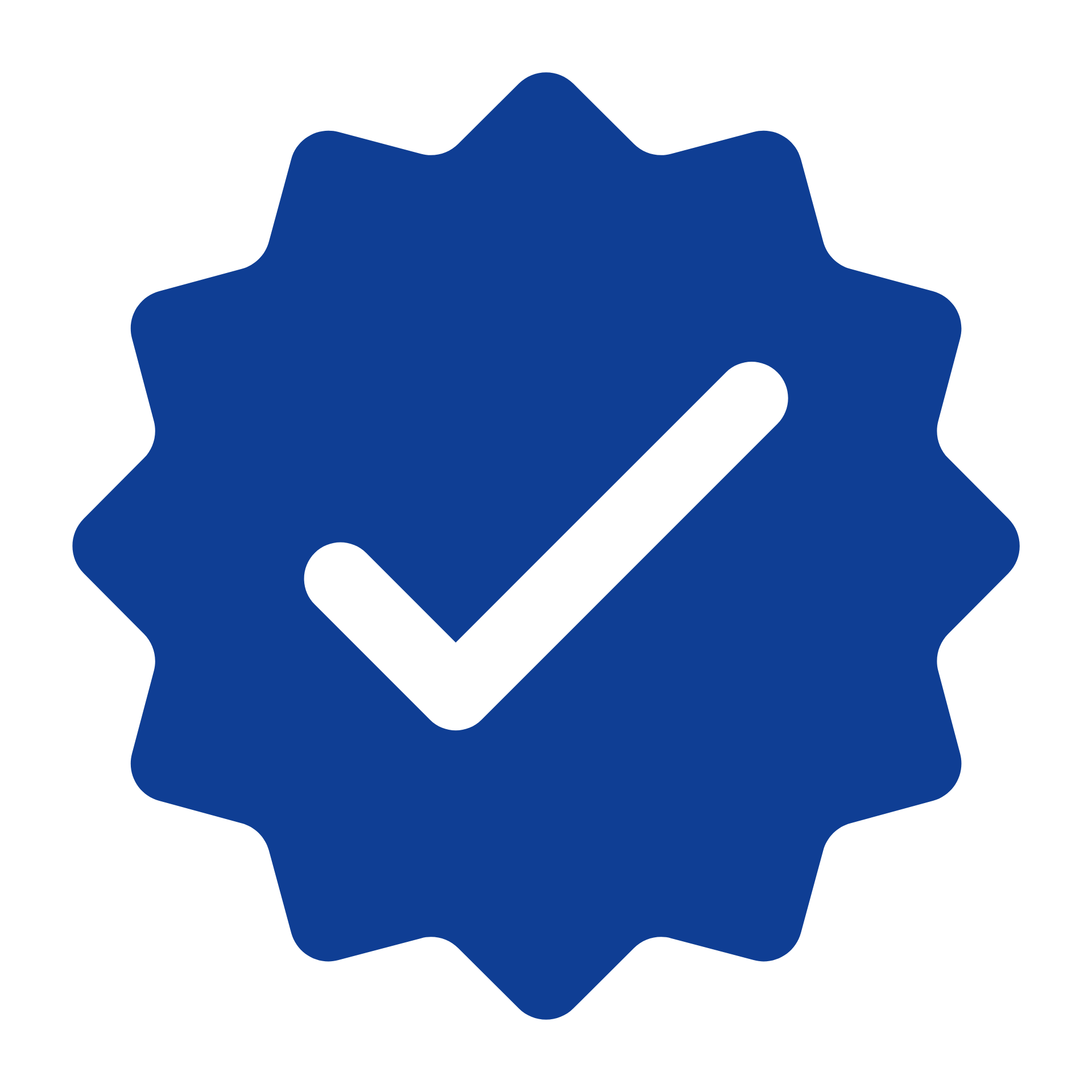 Blue badge with white check mark.