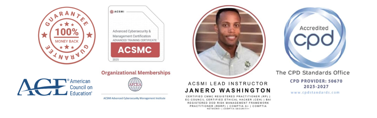 Collection of certificates and badges related to cybersecurity training, including a 100% money-back guarantee badge, ACSM certification, a CPD accreditation logo, a portrait of Janero Washington, and logos for the American Council on Education and ACSM.