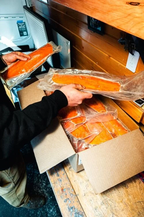 Wild caught salmon, flash frozen and packed into 10lb boxes to be delivered to your door.