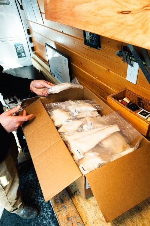 Wild caught alaskan halibut, flash-frozen, packed and ready for delivery