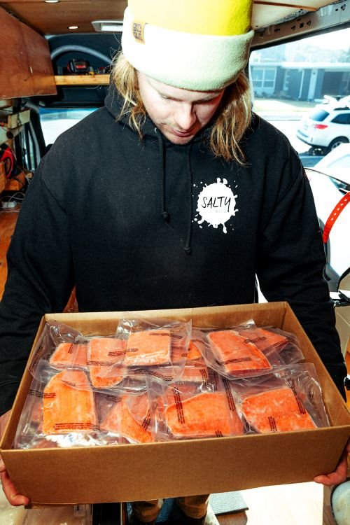 Wild caught salmon portions packed into 20 lb box. Buy in bulk today!