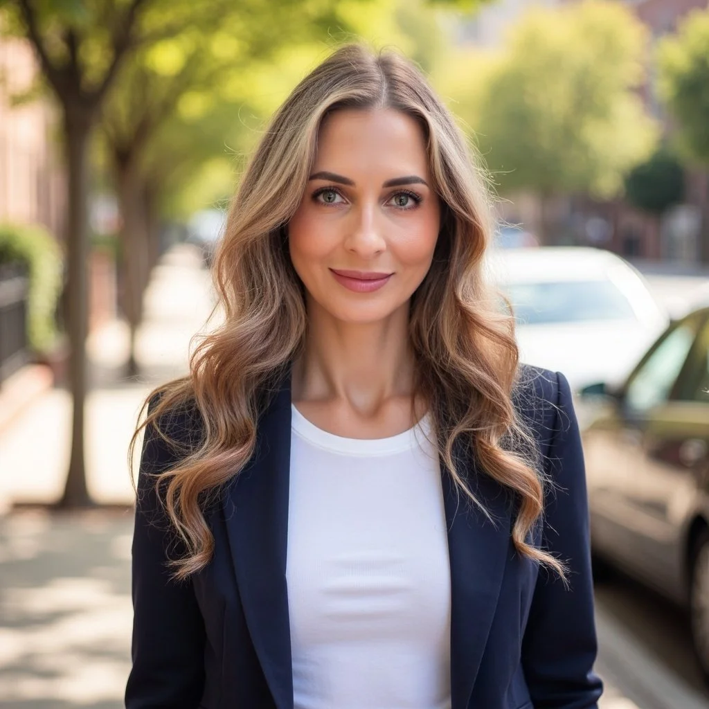 A young woman with long wavy hair and blue eyes, smiling outdoors on a sunny day with trees and parked cars in the background.