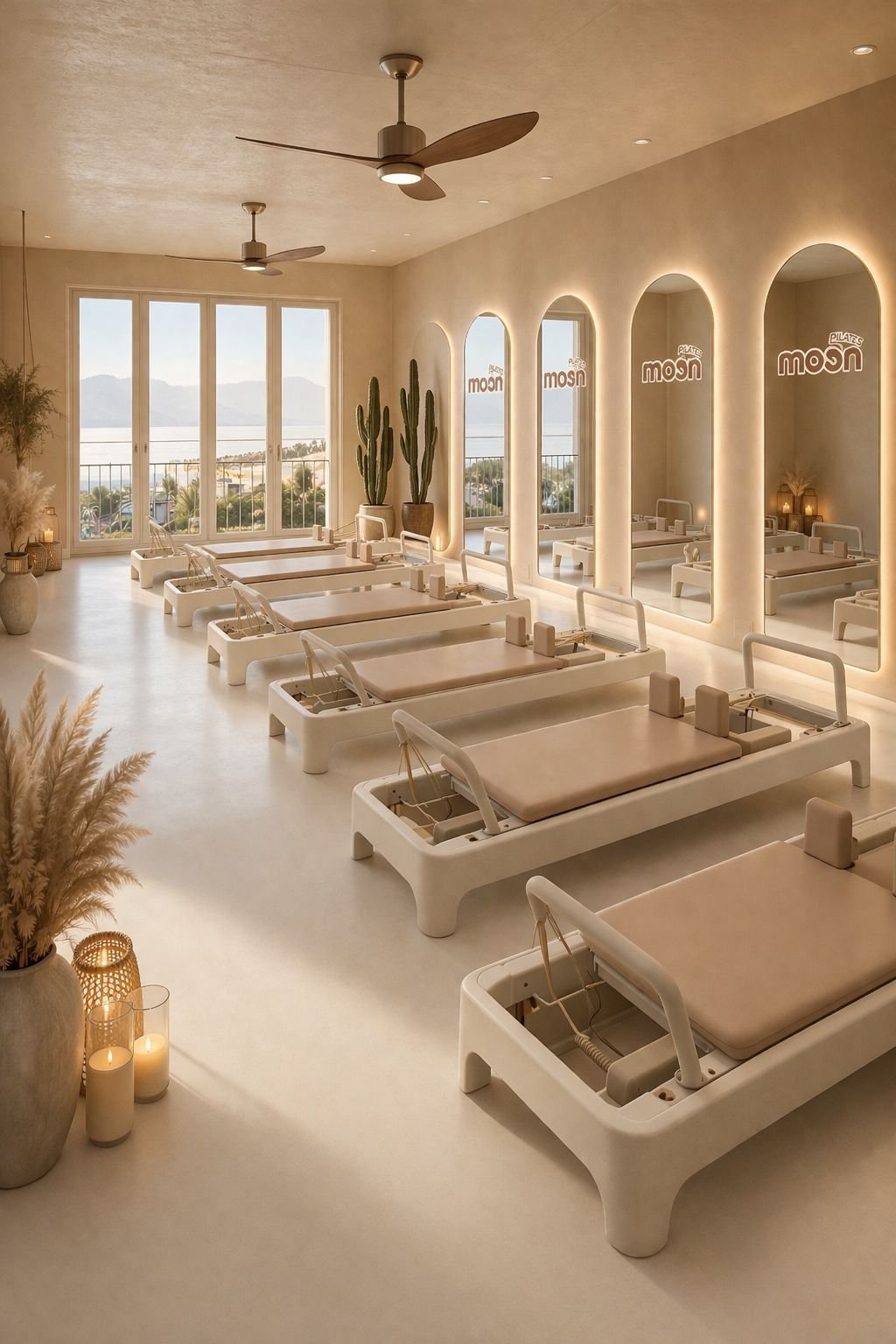 Salle de yoga lumineuse avec grandes fenêtres offrant une vue sur la mer, lits de massage modernes, plantes en pot et miroirs avec éclairage tamisé.