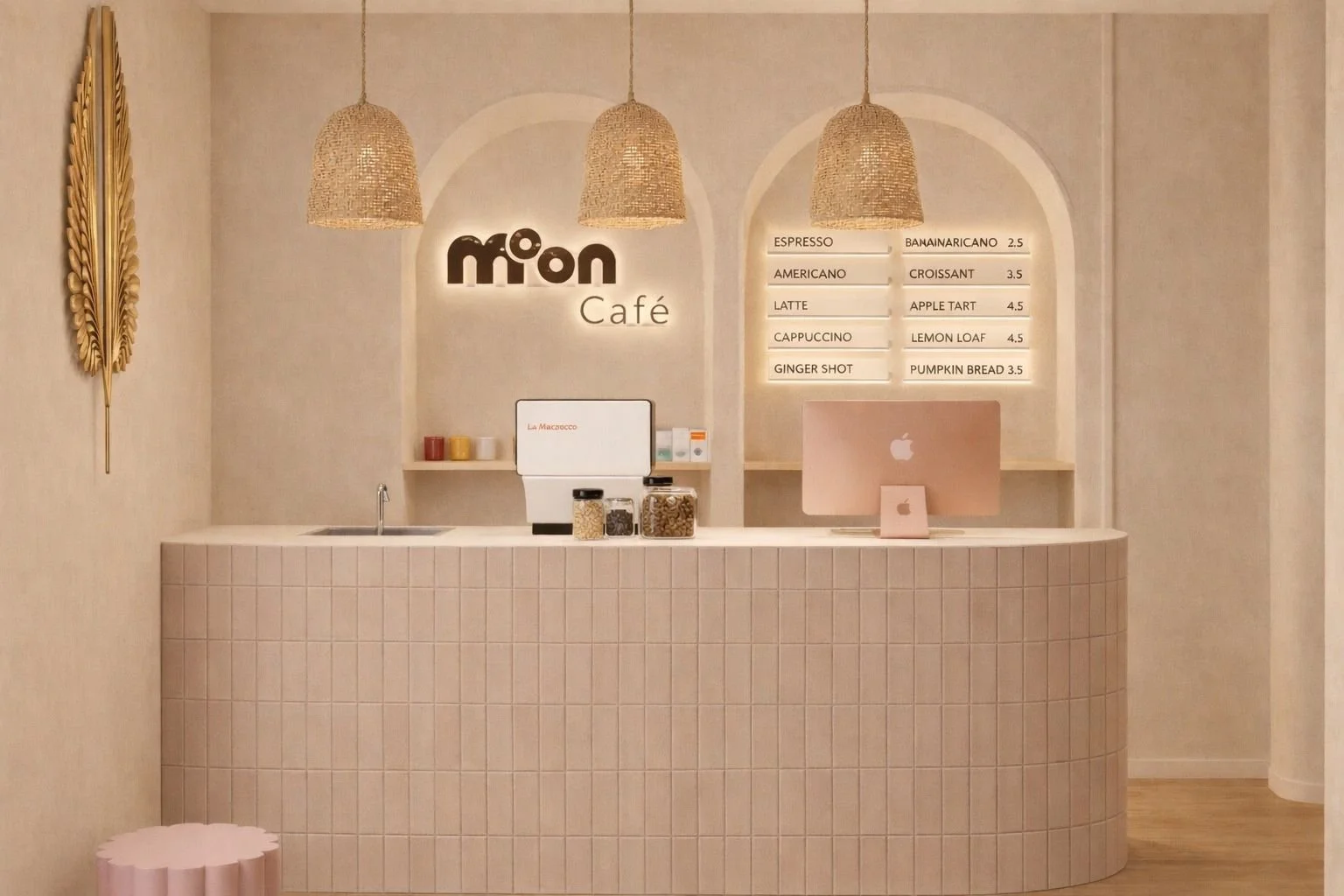 Intérieur d'un café appelé "Mon Café" avec un comptoir rose, trois suspensions en rotin, un mur rétro éclairé avec le nom du café, un menu écrit à la main avec des boissons et leurs prix, un ordinateur Apple, et quelques bocaux contenant des ingrédients.