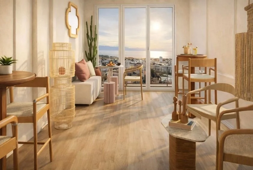 Salon lumineux avec vue sur la ville, meubles en bois clair, plantes vertes, coussins, décor minimaliste.