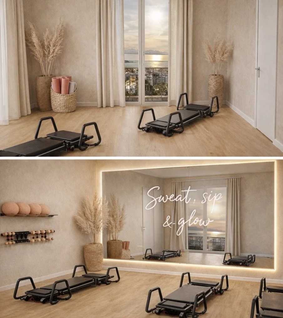 Une salle de fitness avec des tapis de yoga, des plantes et une grande fenêtre avec vue sur l'eau, décorée dans un style moderne et chaleureux.