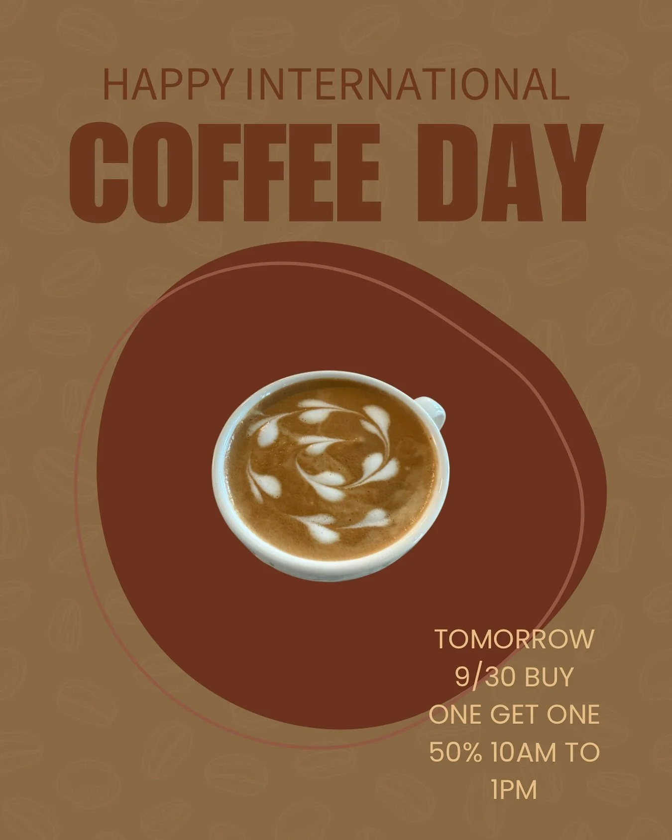 We like to keep the good times going and save the best for last 🤩 TOMORROW 9/30 come see us between 10am and 1pm for a special buy one, get one 50% off deal! Happy International Coffee Day☕️☕️

*Promotion includes all beverages* 

#celebrate #coffee