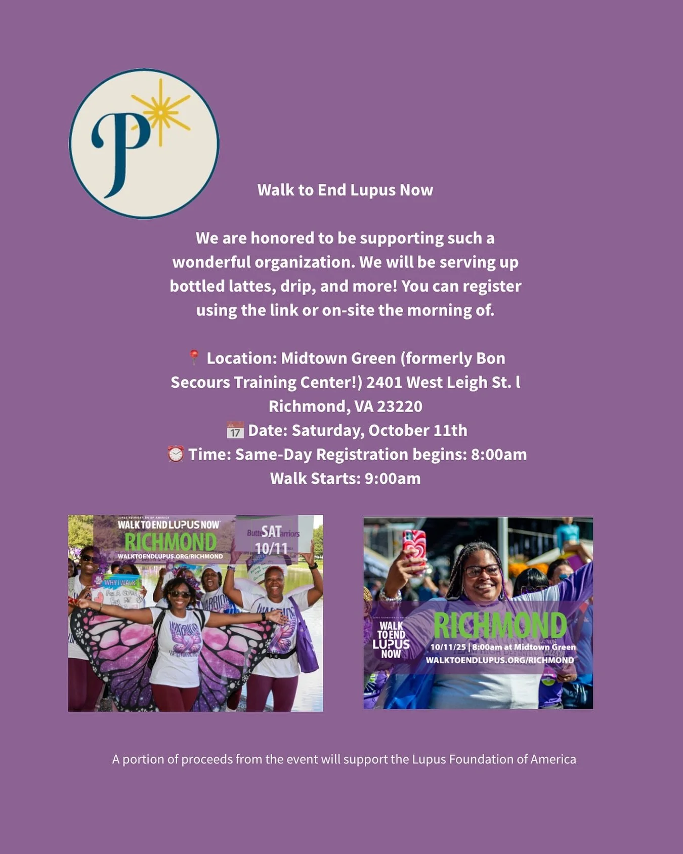 This Saturday along with having our trailer at the RVA Big Market, we will be popping up for the Walk to End Lupus 💜

Coffee + community + a great cause = our favorite kind of morning.

We hope to see you there! 

Link here and in our bio: https://s