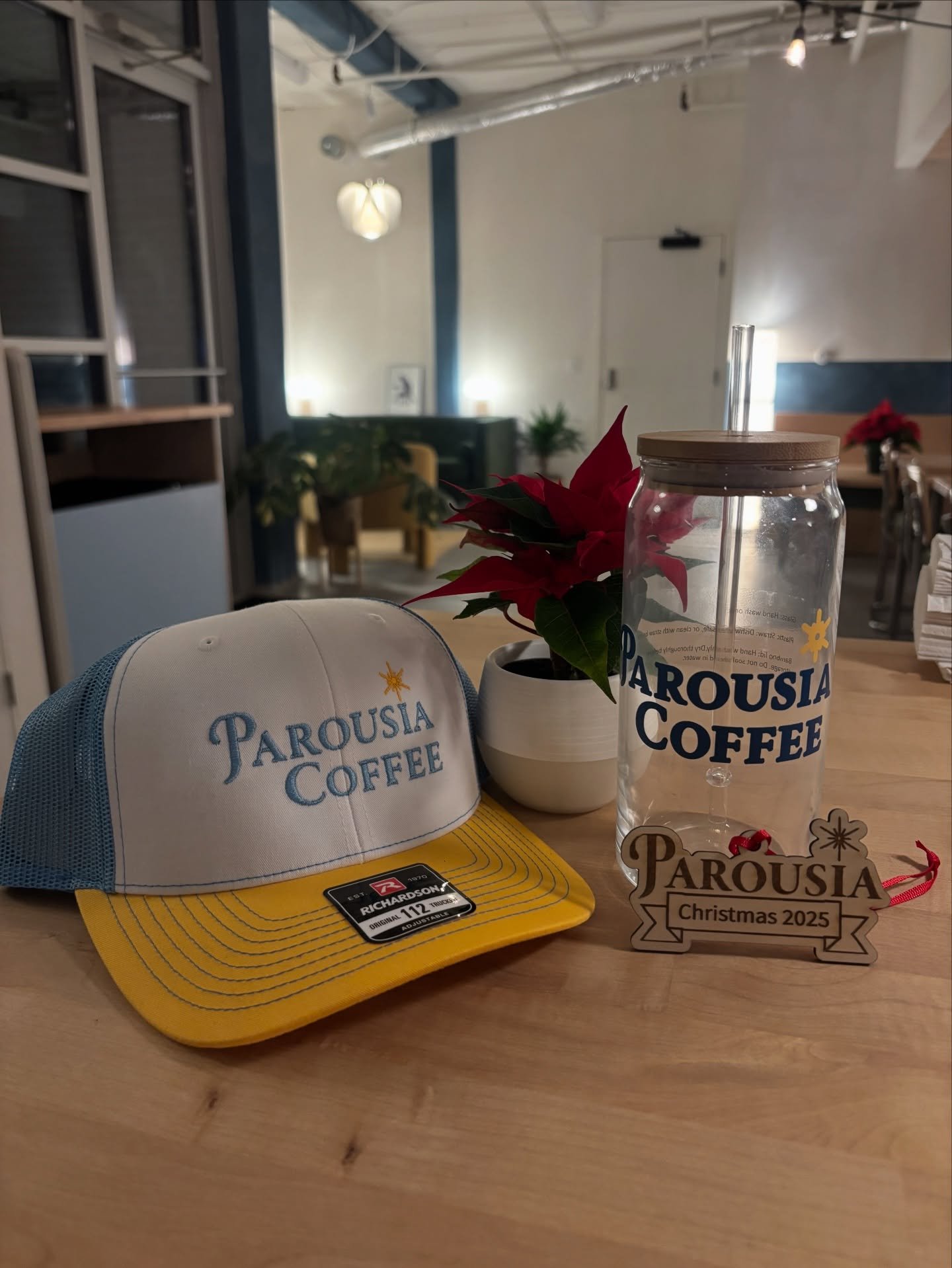 Give the gift of Parousia this Holiday season! Perfect for corporate gifting, white elephant, or just because🎄🎁

Ornaments: $4.95
20oz Iced coffee cups: $20; 25% off your first drink with purchase and 10% off each time after when you use your cup!
