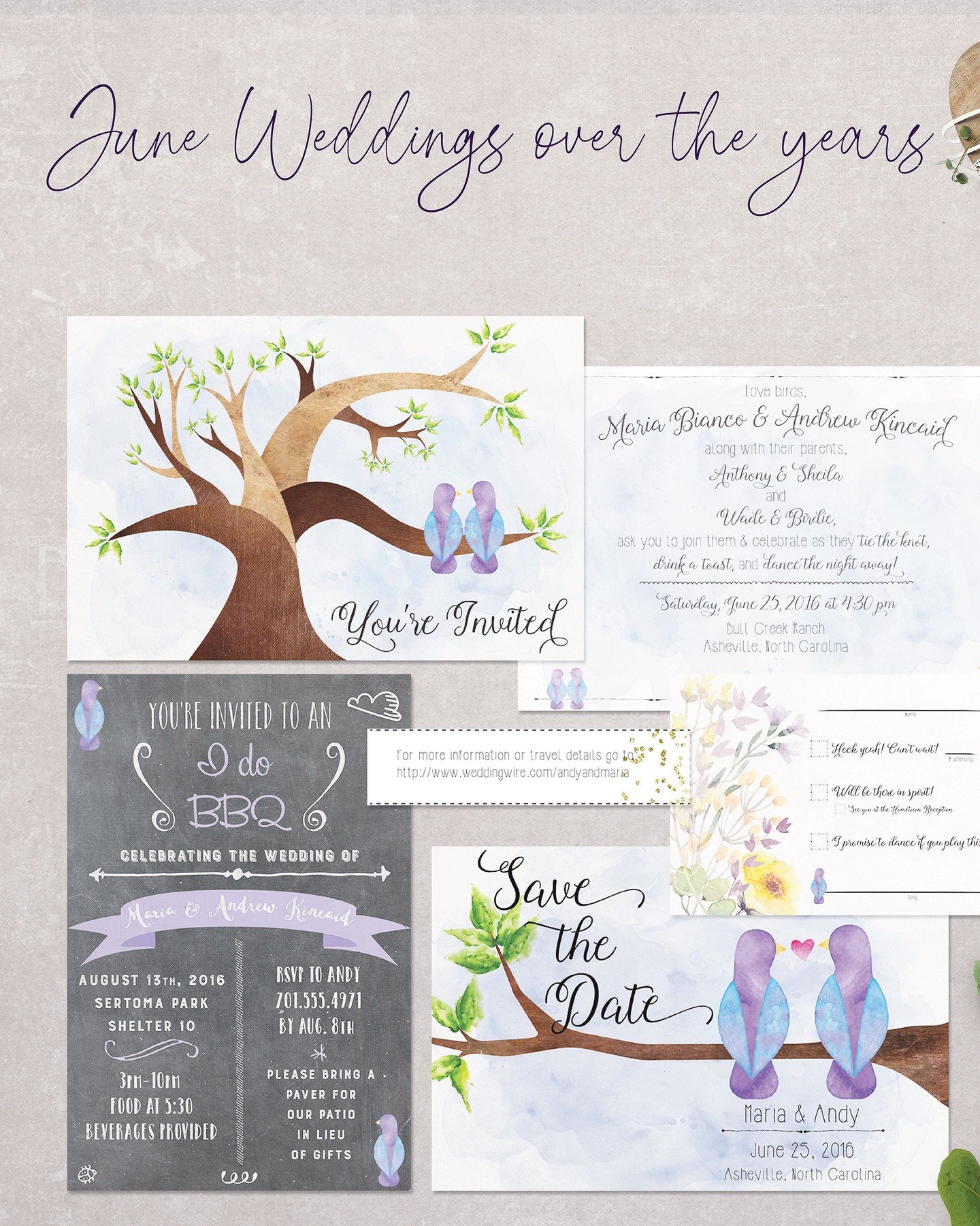 June weddings over the years -- From chalkboard BBQ invites to botanical garden watercolor suites, I&rsquo;ve had the honor of designing for some truly lovely June couples over the past 9(!!) years. Each one brought their own story, style, and&mdash;