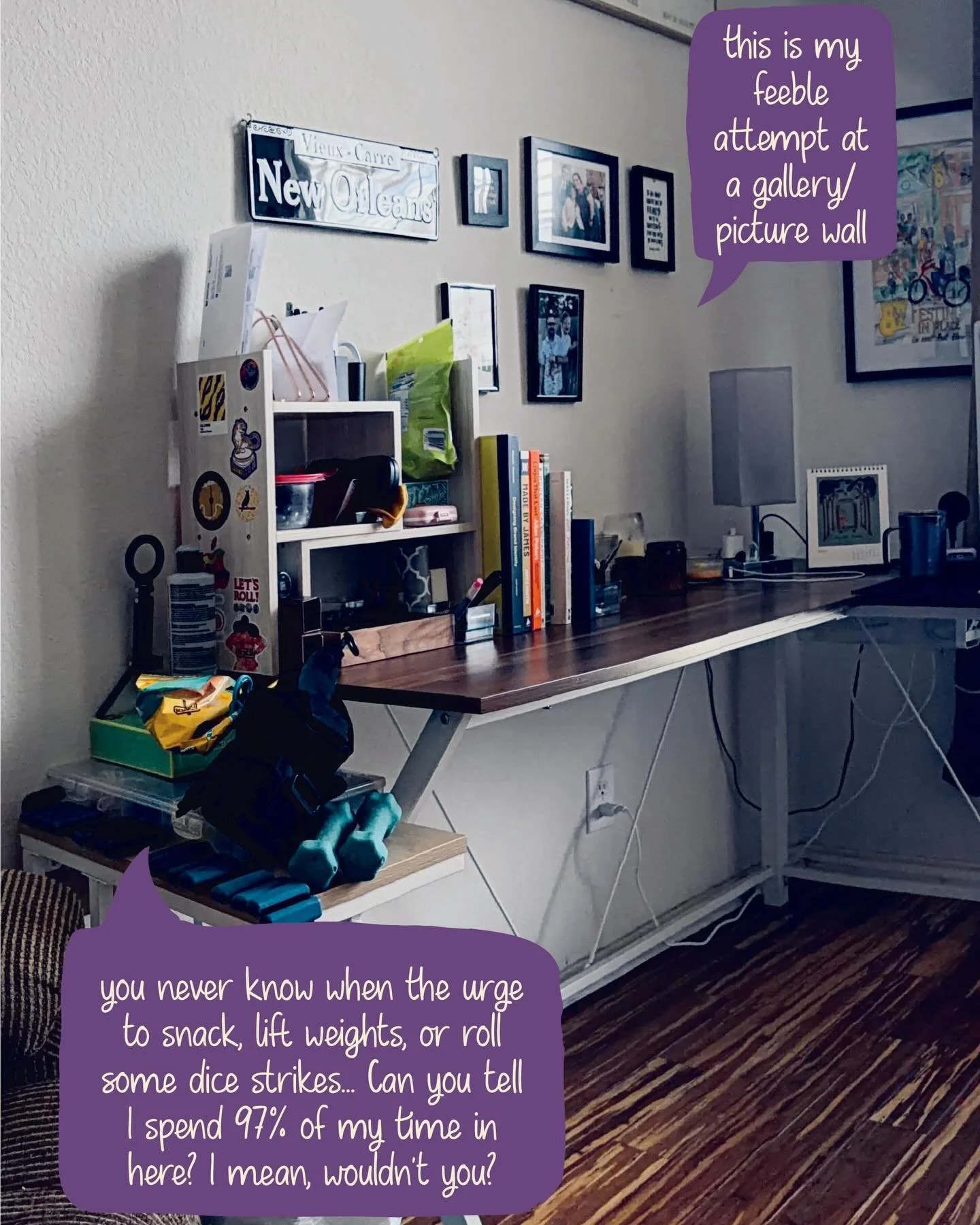 Welcome to my happy place. 🏠✨

I spend the vast majority of my day in this room, and honestly? I wouldn&rsquo;t have it any other way. This is where design magic happens, but also where snacks get eaten, dice get rolled, weights get lifted, and insp