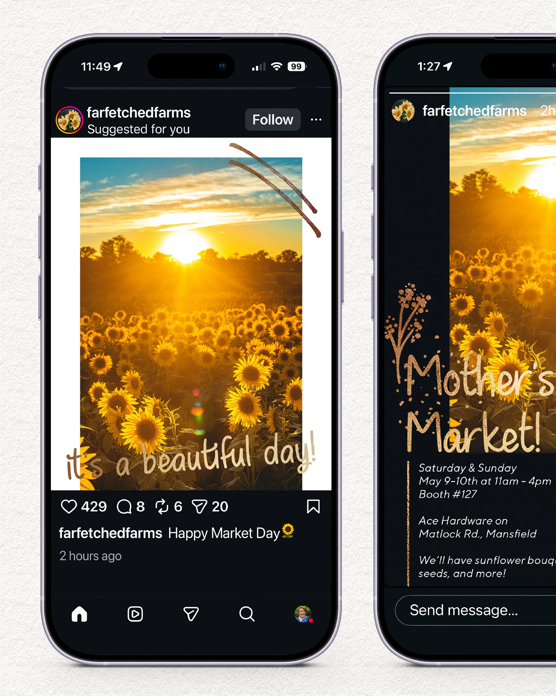 Two smartphone screens showing social media posts from Farfetched Farms. The left screen has a photo of a sunflower field at sunset with the text "It's a beautiful day!" The post has over 400 likes, comments, and shares. The right screen displays inf