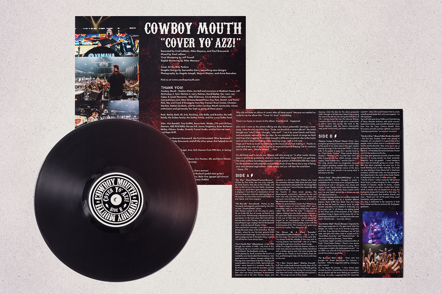 A vinyl record titled 'Cover Yo' Azz!' by Cowboy Mouth, with both sides of the album's liner notes displayed