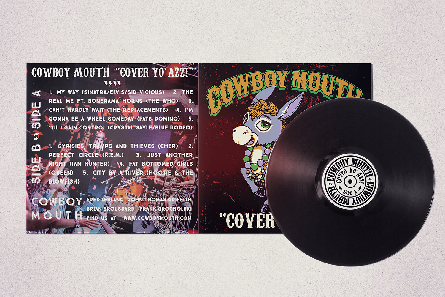 A vinyl record and album cover featuring a cartoon donkey on the right with the text 'Cowboy Mouth' and 'Cover Y'o Azz!' and the back of the album jacket on the left with the track list and band members