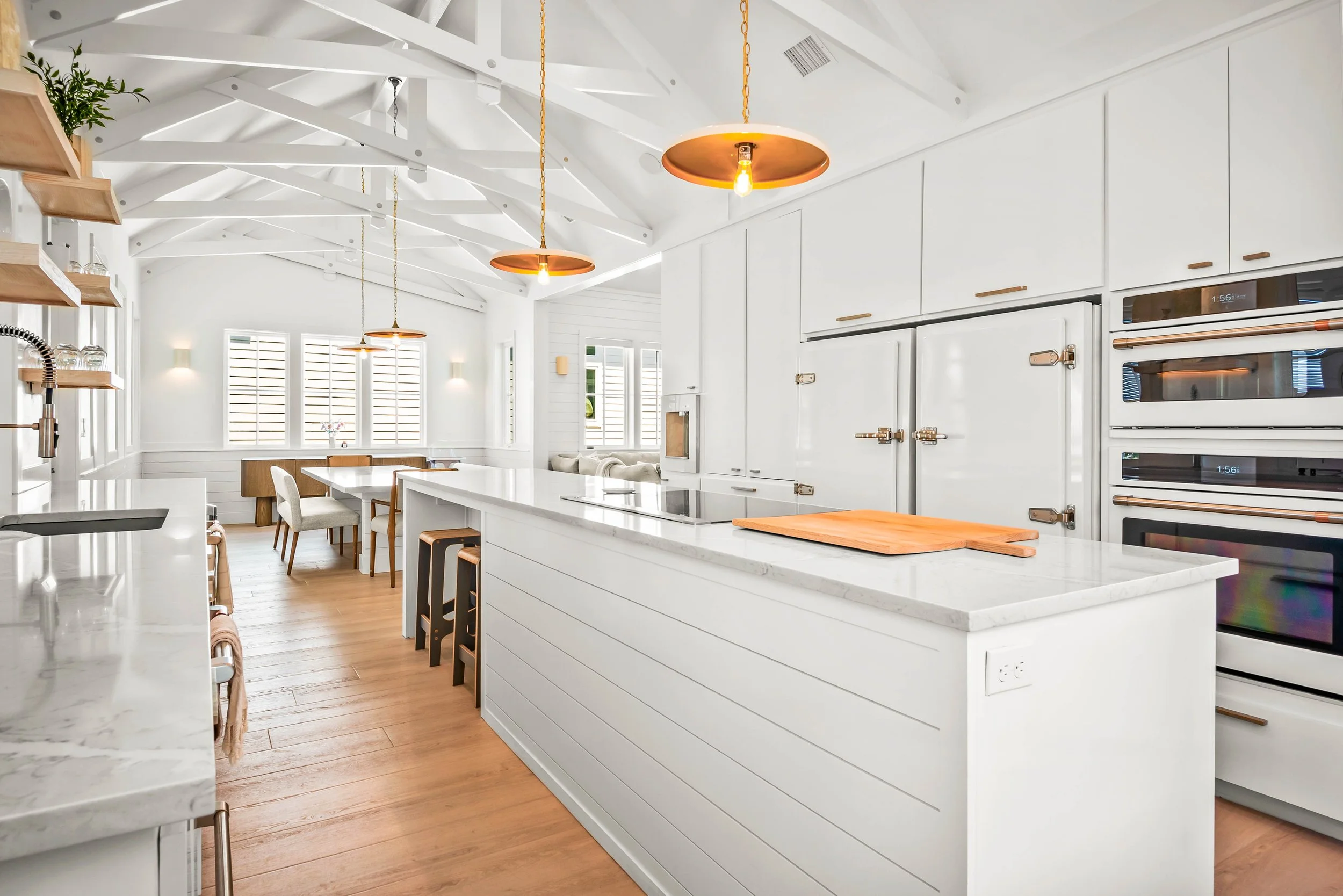 Modern Traditional Coastal Kitchen. Board and Batten. White Kitchen. Retro Appliances. Exposed Trusses. Marco Polo Lane Project, Cinnamon Shore North. Port Aransas, Texas - residential design by licensed architect Stefanie Mustian, Board and Batten A