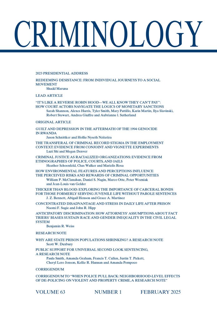 Jason Schnittker and Hollie Nyseth Nzitatira. 2025. “Guilt and Depression in the Aftermath of the 1994 Genocide in Rwanda.” Criminology 63(1):58-88.