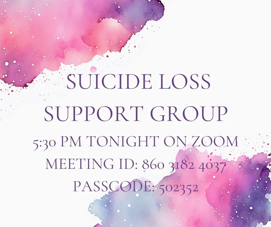 A digital poster for a suicide loss support group meeting, with watercolor pink, purple, and blue splashes in the background. The text provides details about the support group meeting scheduled for 5:30 PM tonight on Zoom, including the meeting ID (860 3182 4037) and passcode (502352).