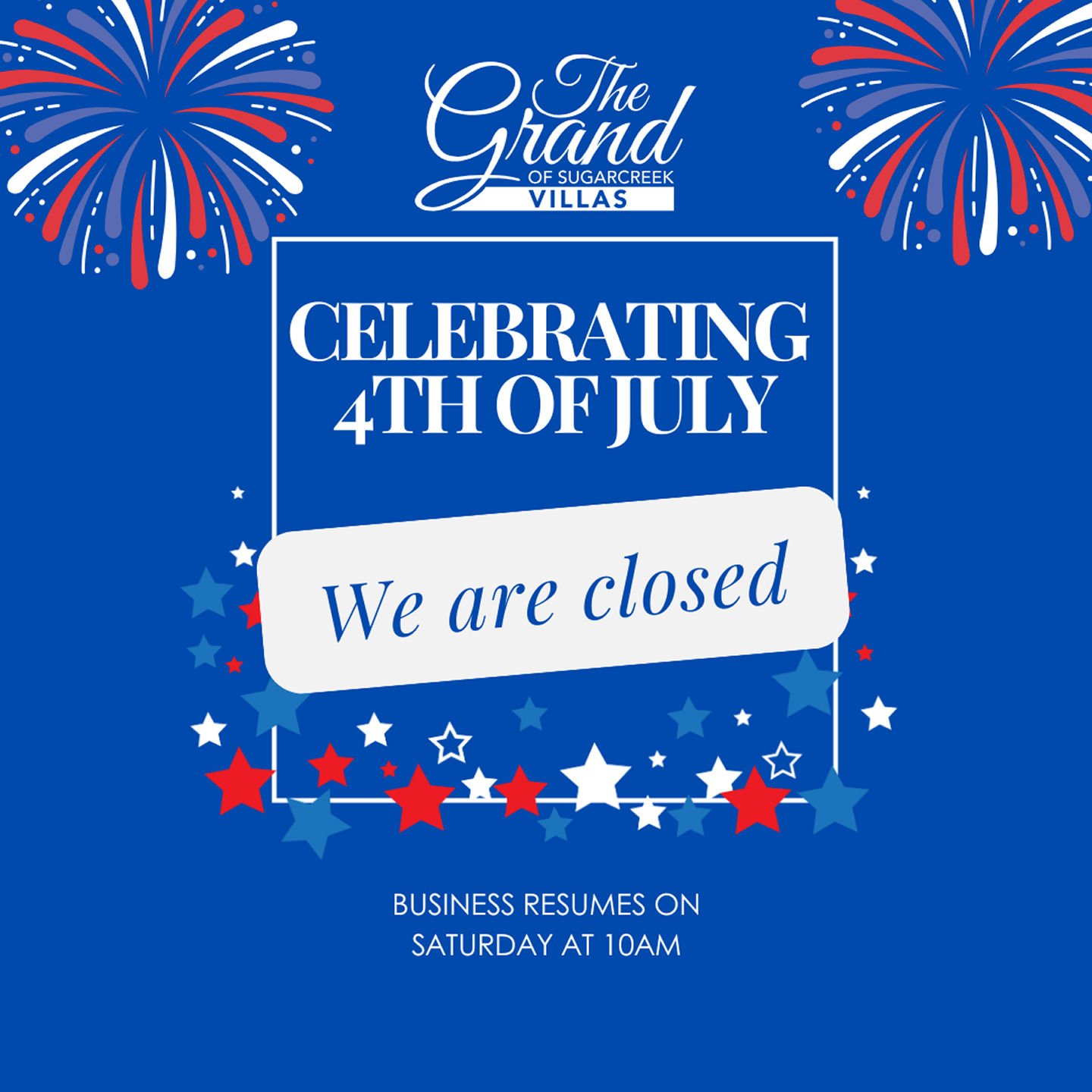 🎆 Happy 4th of July from The Grand of Sugarcreek! 🎆In celebration of Independence Day, our office will be closed today, July 4th. We hope everyone enjoys a festive holiday with friends, family, food, and fireworks! 🎇🎉👉 We&rsquo;ll reopen Saturda