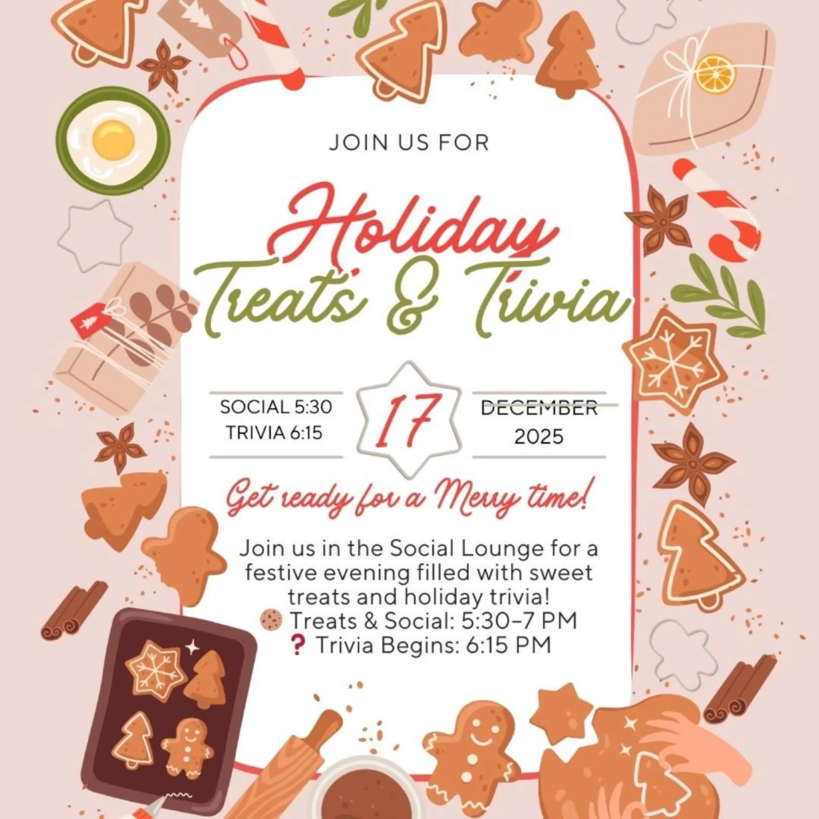 ✨🎄 Join us for a cozy night of Holiday Treats &amp; Trivia! 🎄✨
Sweet treats, warm drinks, festive fun, and a little friendly competition &mdash; what more could you ask for? 😍
We can&rsquo;t wait to celebrate the season with our amazing community!