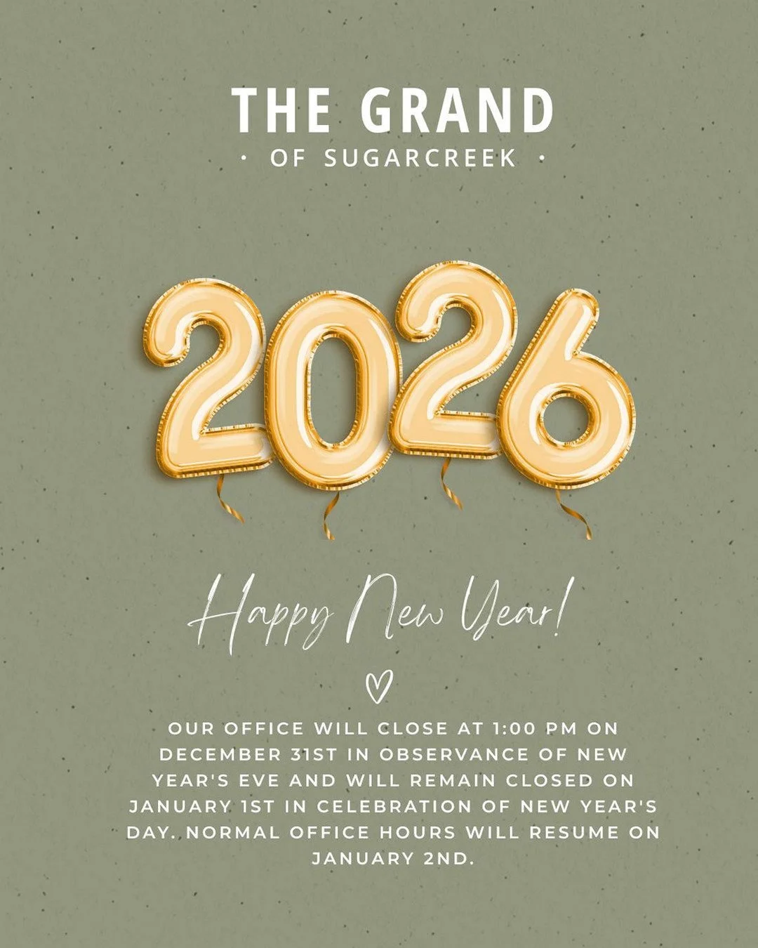 🎉 New Year&rsquo;s Eve Holiday Hours 🎉Just a reminder that the Grand of Sugarcreek office will be closing early at 1:00 PM on December 31st.Wishing all of our residents a safe, happy, and healthy New Year! 🥂✨#GrandOfSugarcreek #NewYearsEve #Holida