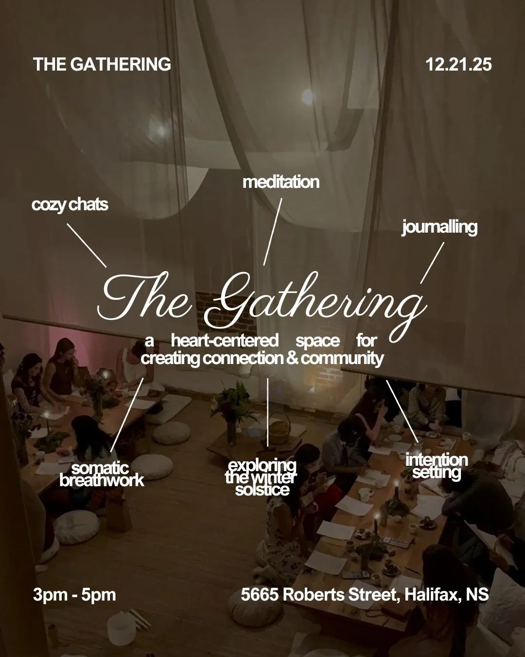 🌟 the gathering is BACK &amp; you&rsquo;re invited! 🌟

the vibe? candles, floor cushions, cozy lighting, group chats about the winter solstice, journalling &amp; setting intentions, somatic healing through breathwork &amp; meditation, and a HOT COC