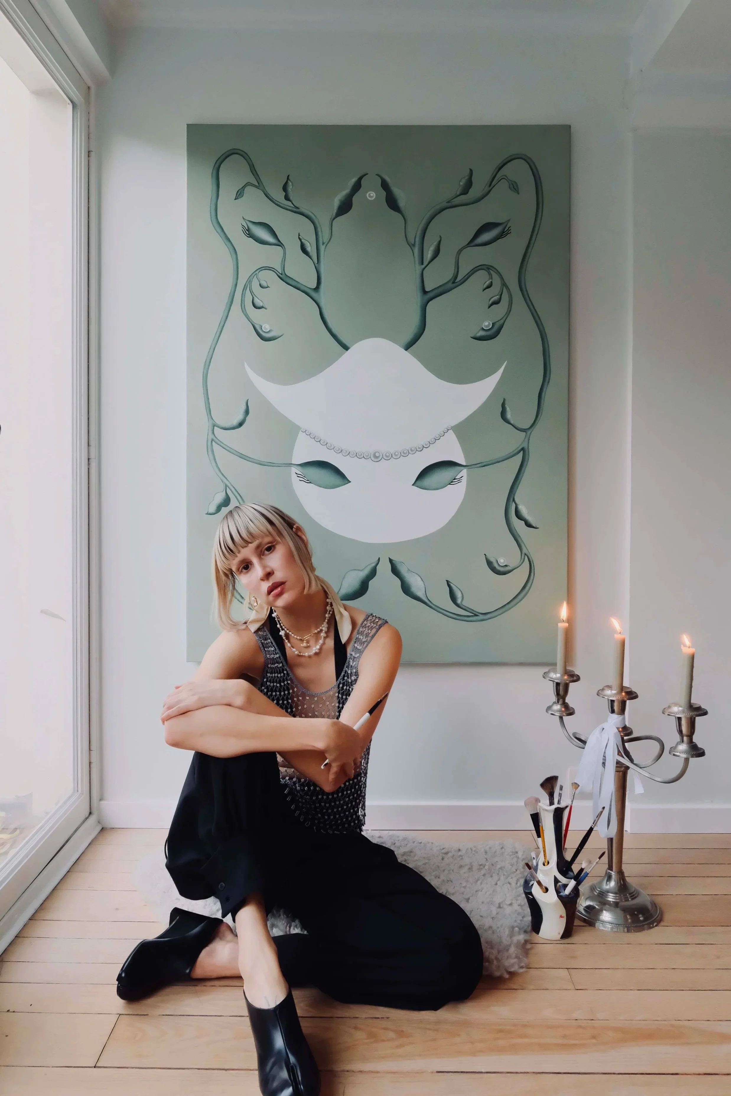 LIVIA TIWARI positioned next to her large scale oil painting, The Awakening - Pearl reverie (140x100 Oil on Linen)